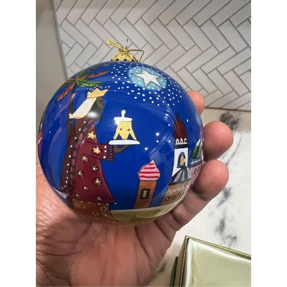 2014 Pier One Li Bien Ornament Bethlehem Reverse Hand Painted Glass Christmas